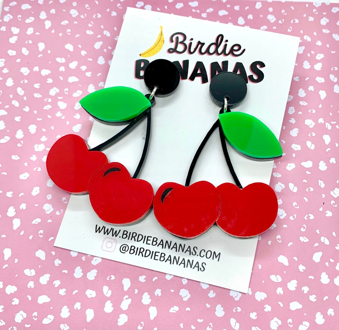 Double Cherry Earrings, Pin up Accessories, Fruit Earrings, Rockabilly