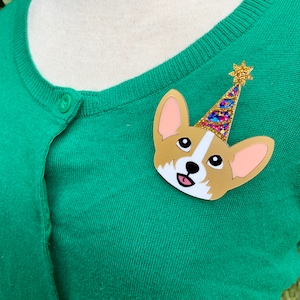 Party Puppy Corgi Brooch, Dog Brooch, Unique Accessories, Novelty Jewellery, Acrylic Brooch, Quirky Accessories