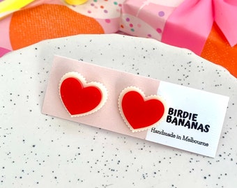 Red Heart Stud Earrings, Statement Stud Earrings, Cute Earrings Studs, Valentines Day Gifts for Her, Vintage Style Earrings