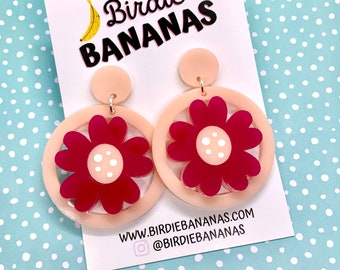 Pink and Magenta Flower Earrings, Big Acrylic Flower Earrings, Quirky Accessories