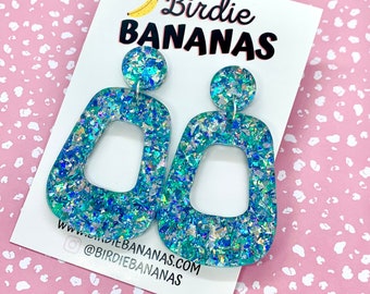 Blue Confetti Sparkle Retro Hoop Earrings, Party Earrings, Rockabilly Earrings, Gifts for Her