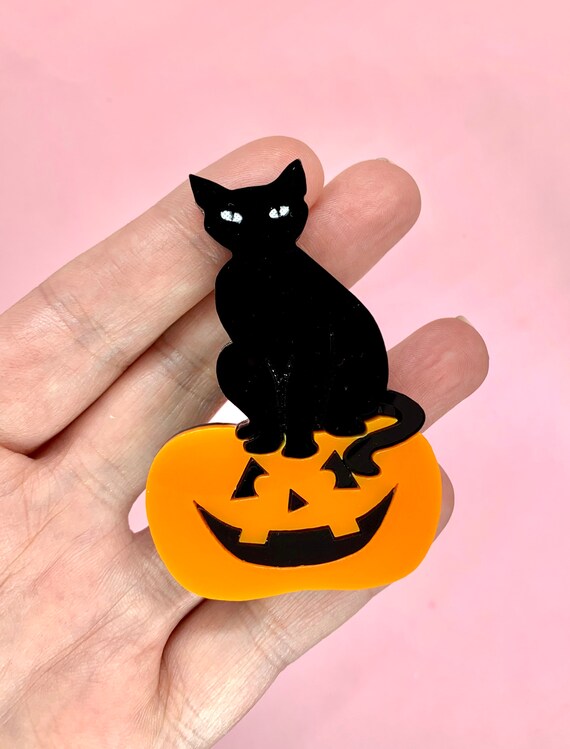 Black Cat Brooch, Acrylic Brooch, Halloween Pumpkin Pin, Halloween