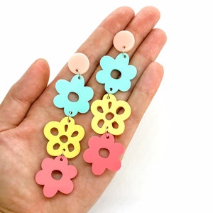 Pastel Acrylic Flower Earrings, Long Statement Earrings