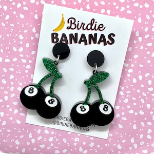 Cherry 8 Ball Earrings, Rockabilly Earrings, Punk Tattoo Earrings, Rock n Roll Earrings, Fakelite Jewellery, Pin Up Accessories