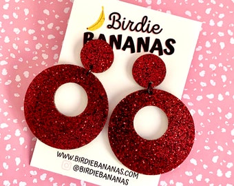 Red Glitter Christmas Earrings, Circle Hoop Earrings, Acrylic Earrings, Rockabilly Earrings, Retro Circle Earrings