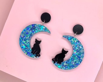 Pendientes de gato y luna, joyas de Halloween, pendientes de acrílico, pendientes de gato de Halloween, pendientes azules brillantes