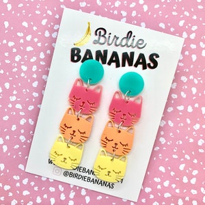 Kawaii Cat Earrings, Cat Lover Gifts, Colourful Acrylic Earrings, Quirky Earrings