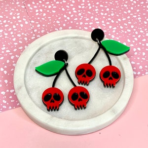 Cherry Skull Earrings, Funky Halloween Earrings, Rockabilly Halloween, Goth Gifts, Acrylic Dangle Earrings