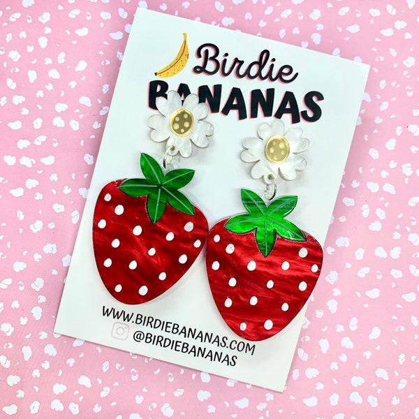 Strawberry Earrings Dangle, Fruit Earrings, Acrylic Earrings, Food Earrings, Quirky Accessories, Strawberry Jewellery, Strawberry Gifts