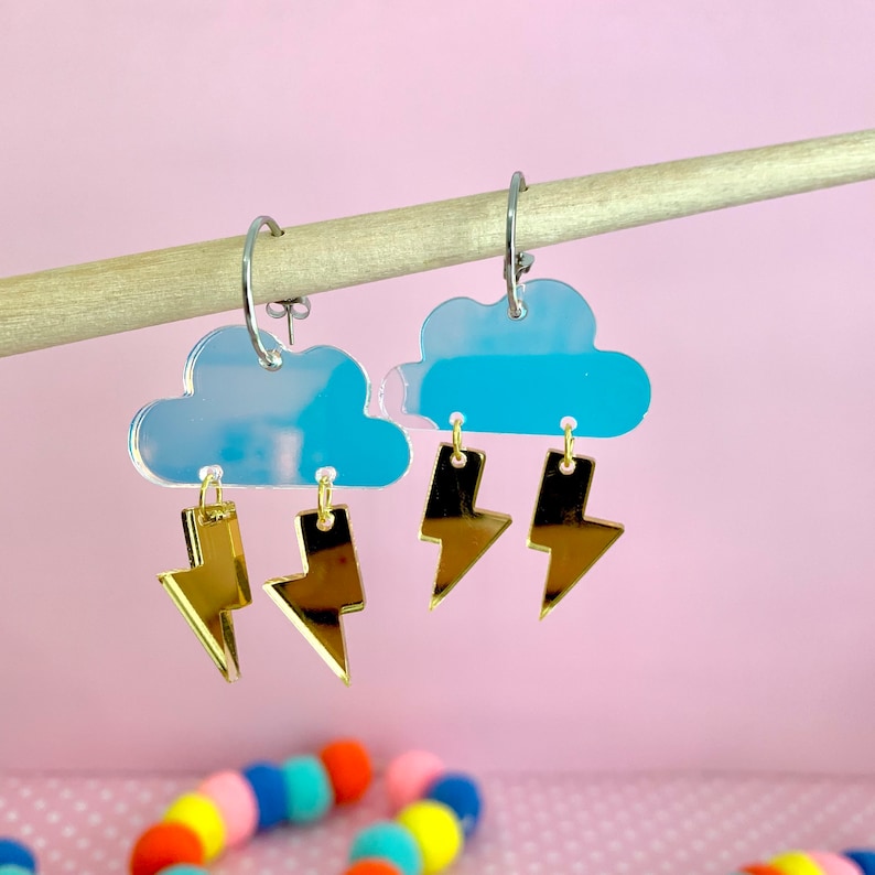 Iridescent Cloud Earrings, Quirky Earrings Dangle, Cloud and Lightning Earrings, Weather Themed Gifts, Lightning Bolt Earrings