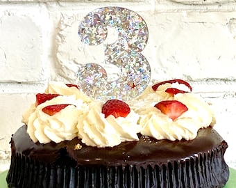 Adorno para tarta con número con purpurina holográfica plateada, número personalizado para tarta, número para tarta de cumpleaños, decoración para tarta, adorno brillante para tarta