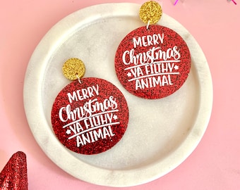 Orecchini con citazione di Mamma, ho perso l'aereo, Grandi orecchini natalizi, Buon Natale, sporco animale, Regali a tema Mamma, ho perso l'aereo, Regali impertinenti, Regalo di Natale stravagante
