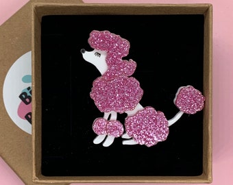 Pink Glitter Acrylic Poodle Brooch, Novelty Jewelry, Poodle Gifts