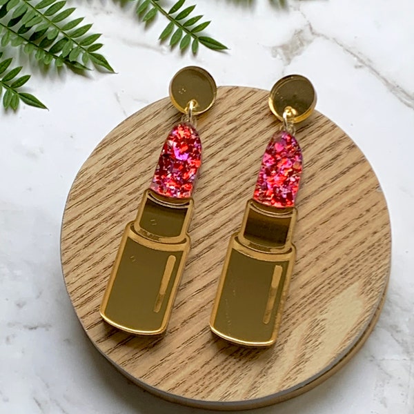 Boucles d’oreilles rouge à lèvres, grandes boucles d’oreilles en acrylique, cadeaux de maquilleuse, accessoires uniques, boucles d’oreilles à déclaration originale, cadeaux originaux pour elle