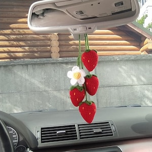 Cute Crochet 4 Red Strawberry Flower Car mirror, car decoration for woman, Car Mirror Hanging Accessories, Teens Interior Rear View Mirror