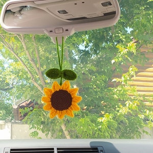 Crochet sunflower car accessories, Cute Car Mirror Hanging Accessories for Women, Teens Interior Rear View Mirror sunflower