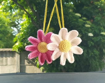 Cute Crochet Daisy gifts aesthetic Car Mirror Accessories, Car Decoration for Women, car charms flower for moms, Interior Rear View Mirror