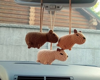 Cute Crochet Amigurumi baby Capybara Rear View Mirror Accessory, friends gift idea, Teens Interior, Car Mirror hanging Decoration Capibara