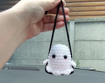 Crochet Plushie ghost on a swing Halloween Rearview Mirror Accessories Decoration, Halloween Car Decoration, crochet car hanger ghost