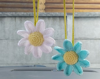 Pastel Crochet Daisy car Mirror accessories, crochet car hanger flower Daisy, Interior Rear View Mirror, Cute Car Mirror Hanging for Women
