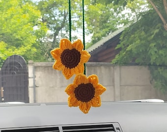 Cute Crochet sunflowers car accessory, Car Mirror Hanging Accessory for Women, Teens Interior Rear View Mirror, car charm sunflowers