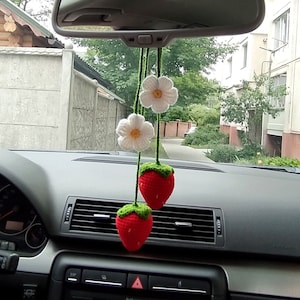 2 Pcs Strawberry Flower Car mirror, hanging decoration Flower car rear view mirror charm, Mirror for Women, Fruit Decor Teens