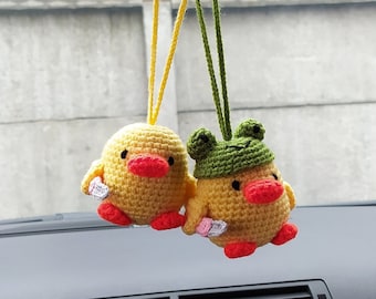 Cute Crochet duck with knife Car Rear View Mirror accessories, duck with frog hat, toy duck meme gift, Teens Interior, Car Mirror Hanging