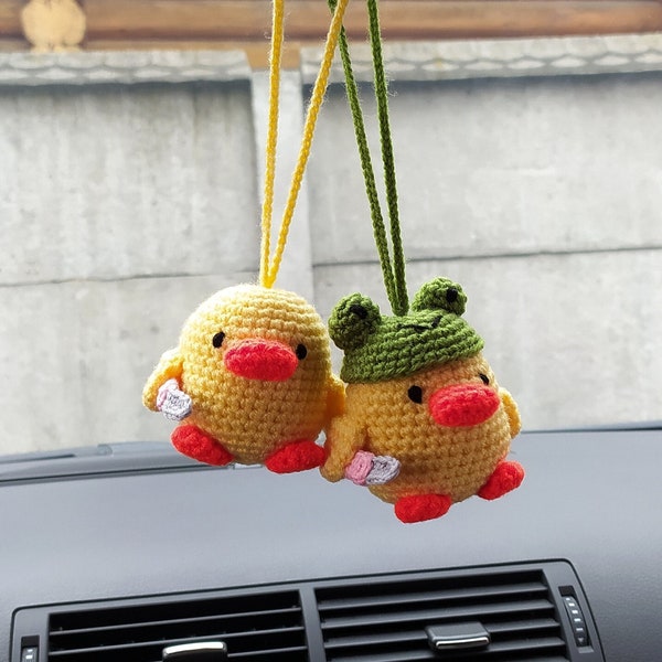 Cute Crochet duck with knife Car Rear View Mirror accessories, duck with frog hat, toy duck meme gift, Teens Interior, Car Mirror Hanging