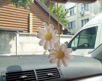 Crochet Daisy Car Mirror Accessories, Cute Car Decoration for Women, Teens Interior Rear View Mirror, car charm flower for mom, car hangings