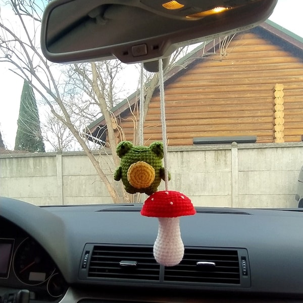 Crochet Frog and Mushroom Car Rear View Mirror Accessories, car decoration for woman, Car Mirror Hanging, Teens Interior Rear View Mirror