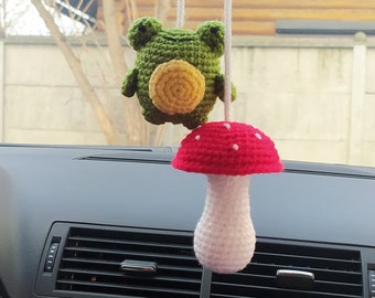 Lindos accesorios de espejo retrovisor de amigurumi, rana y hongo de ganchillo, colgante de espejo de coche, decoración de coche para mujer, espejo retrovisor para adolescentes