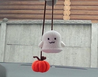 Crochet Halloween Ghost and Pumpkin Car Rear View Mirror Accessories, Rear View mirror charm, Crochet Car decoration, Halloween car ornament