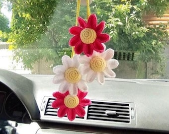 Crochet Pink & Orange Daisy gifts aesthetic Car Mirror Accessory, Interior Rear View Mirror, car charms flower for mom, Decoration for Women