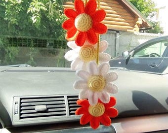 2Crochet Daisy gifts aesthetic Car Mirror Accessories, Interior Rear View Mirror, Bright Car Decoration for Women, car charms flower for her