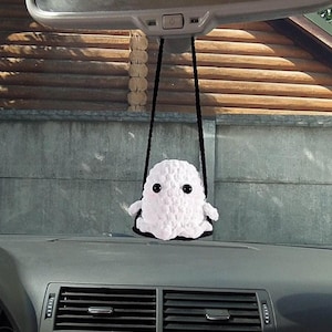 Crochet Plushie ghost on a swing Halloween Rearview Mirror Decoration, Car Accessories for Halloween, halloween decor, Car interior Charm