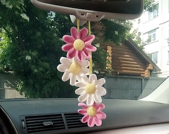 Crochet Daisy Car Mirror Accessories, Cute Car Decoration for Women, Teens Interior Rear View Mirror, car charm flower for mom, car hangings