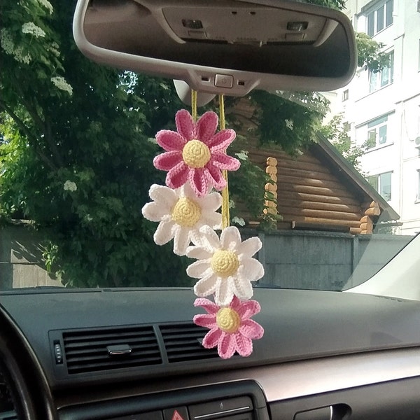 Crochet Daisy gifts aesthetic Car Mirror Accessories, Cute Car Decoration for Women, Interior Rear View Mirror, car charms flower for moms