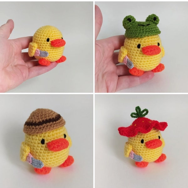 Cute Crochet duck with knife, amigurumi meme toy, duck with frog, Strawberry or bucket hat, plush duck funny gift idea, chick with knife