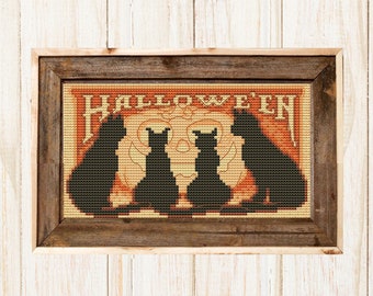 patrón de punto de cruz Gatos de Halloween, gráfico de punto de cruz contado gato negro