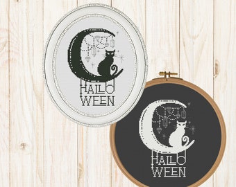 Cross Stitch Pattern Halloween Cat Moon, Black cat counted cross stitch chart