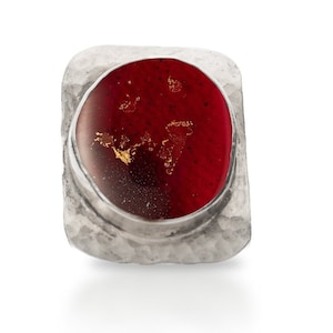 Fused Red Glass Silver Ring, Square 925 Hammered Ring, Red Stone Ring
