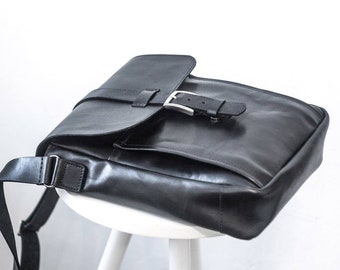 Small Black Full Grain Leather Messenger Bag, Fabric Lined Mens Crossbody, Personalized Shoulder Purse