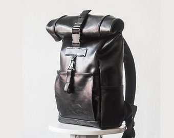 Mens Leather Roll Top Backpack / Personalized travel backpack, Laptop backpack, Black backpack men, Leather handbag, Women backpack purse