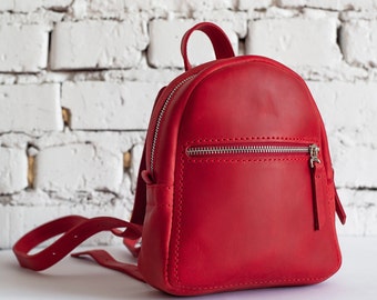 Small Women Leather Backpack / Mini red backpack purse, Toddler backpack, Small shoulder bag, Vintage travel backpack, Womens handbag