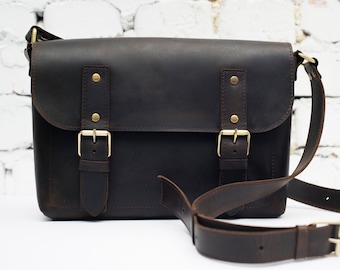 Small Leather Messenger bag / Mens crossbody bag, Womens handbag, Women shoulder bag, Personalized brown bag, Small teacher leather purse