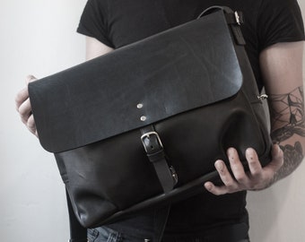 Mens Leather Messenger Bag / Black crossbody bag, Shoulder bag, Leather laptop briefcase, Leather satchel, Large handbag, Personalized gift