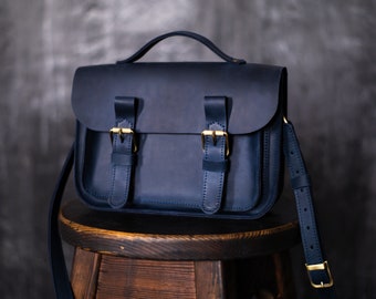 Small Navy Women Distressed Leather Satchel, Mini Crossbody Messenger, Personalized Shoulder Bag