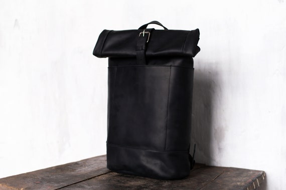 Large Men Distressed Leather Roll Top Backpack, Black Travel Rucksack, 15-inch  Laptop Work Bag - Etsy