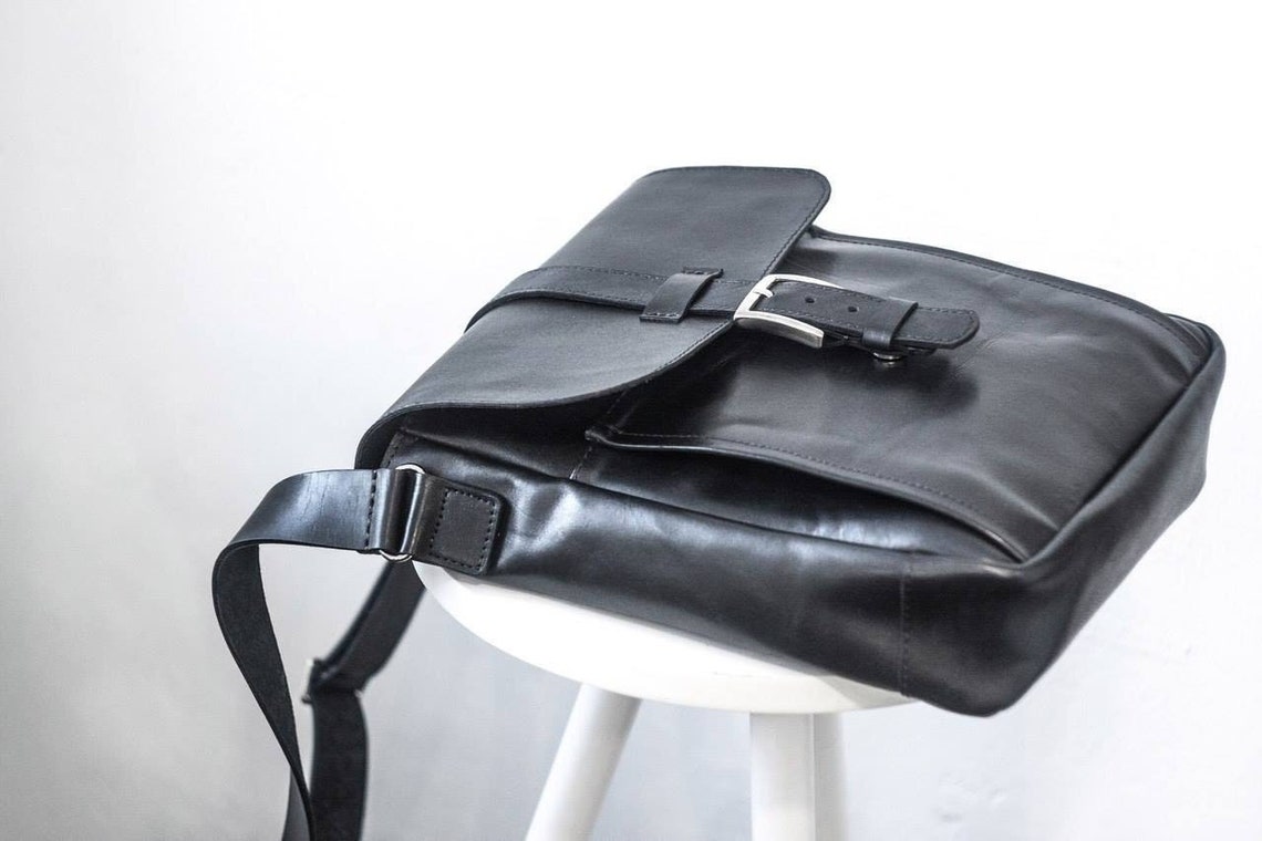Black Leather Messenger Bag - Crossbody Shoulder Tote For Tablet Or IPad, Universal Fit 12 thumbnail image