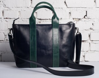 Two Tone Full Grain Leather Zipper Handbag, Large Crossbody Work Bag, Women Shoulder Purse
